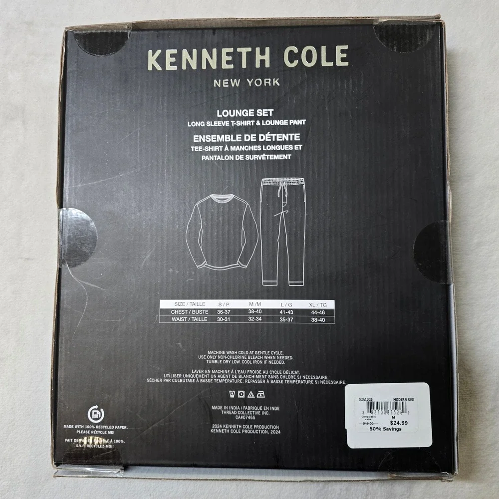Kenneth Cole Lounge Set Mens Medium Long Sleeve T Shirt Jogger Pant Red Gray NEW